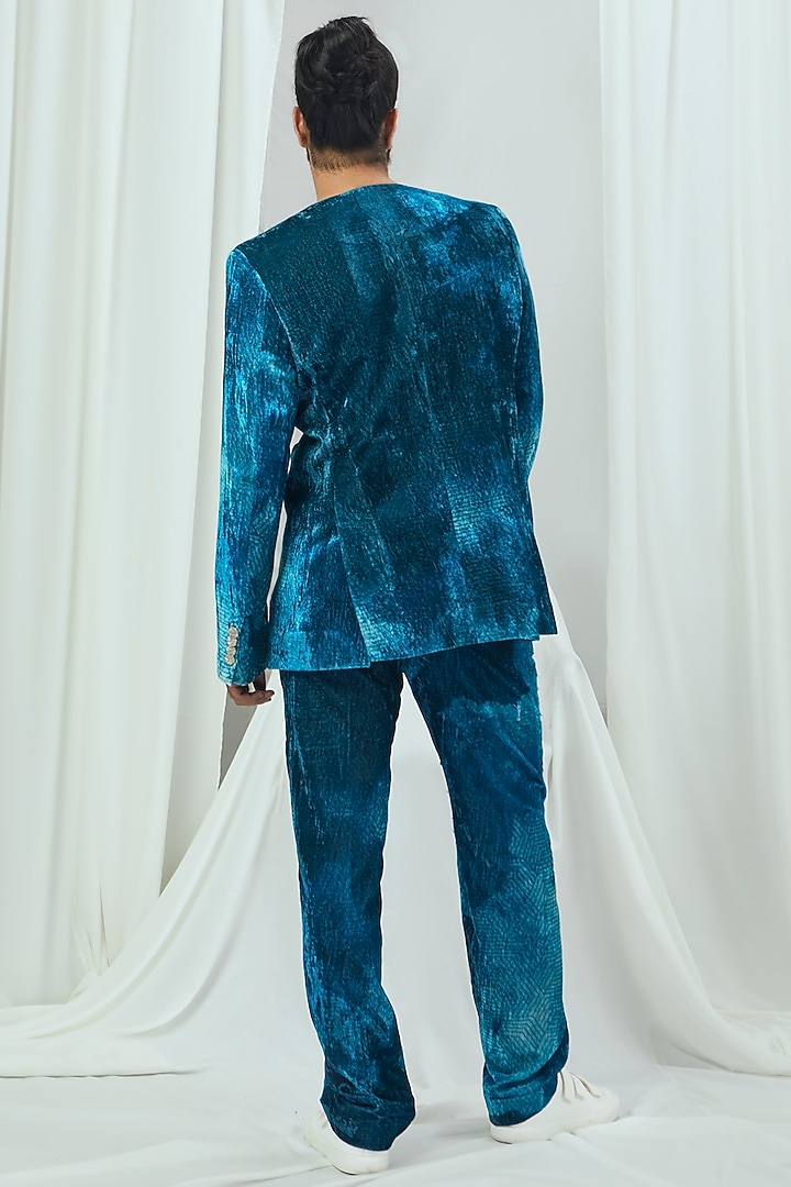 Jade Blue Velvet Printed Pants by Nirmooha Men at Pernia's Pop Up Shop