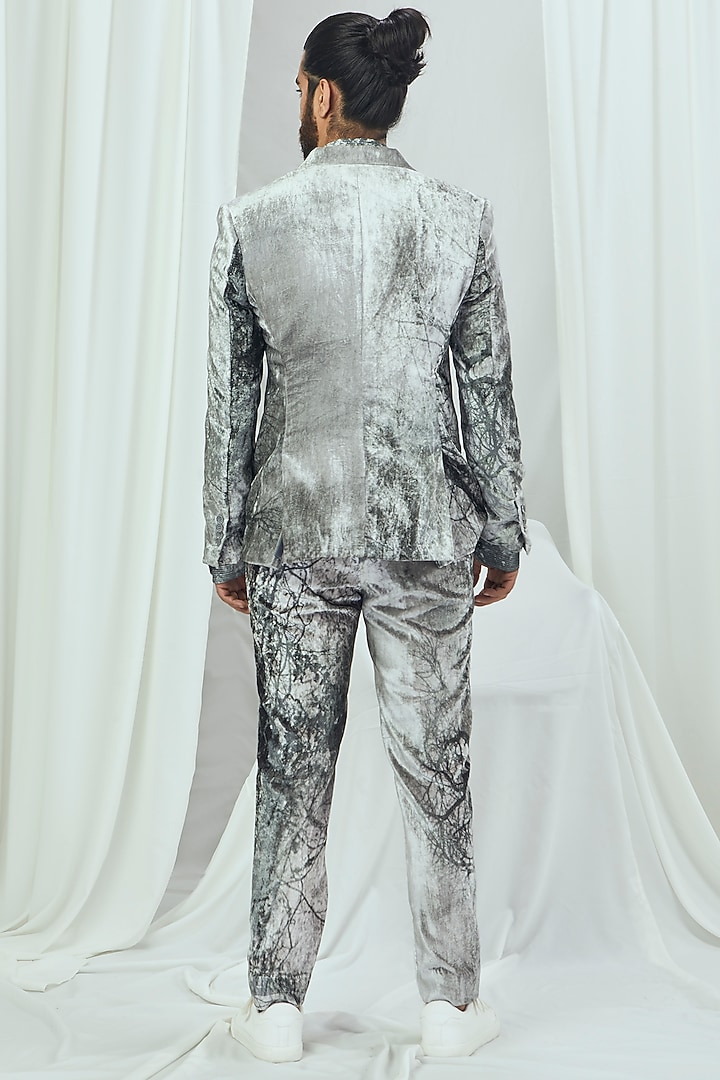 Grey Velvet Printed Blazer by Nirmooha Men at Pernia's Pop Up Shop