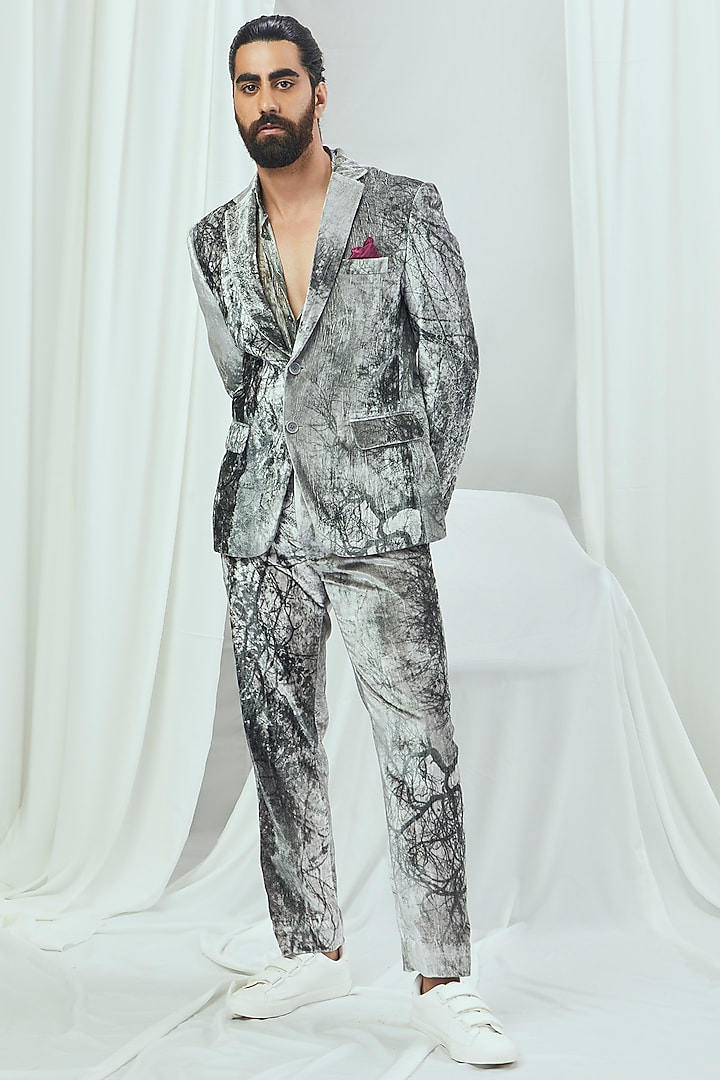 Grey Velvet Printed Blazer by Nirmooha Men at Pernia's Pop Up Shop