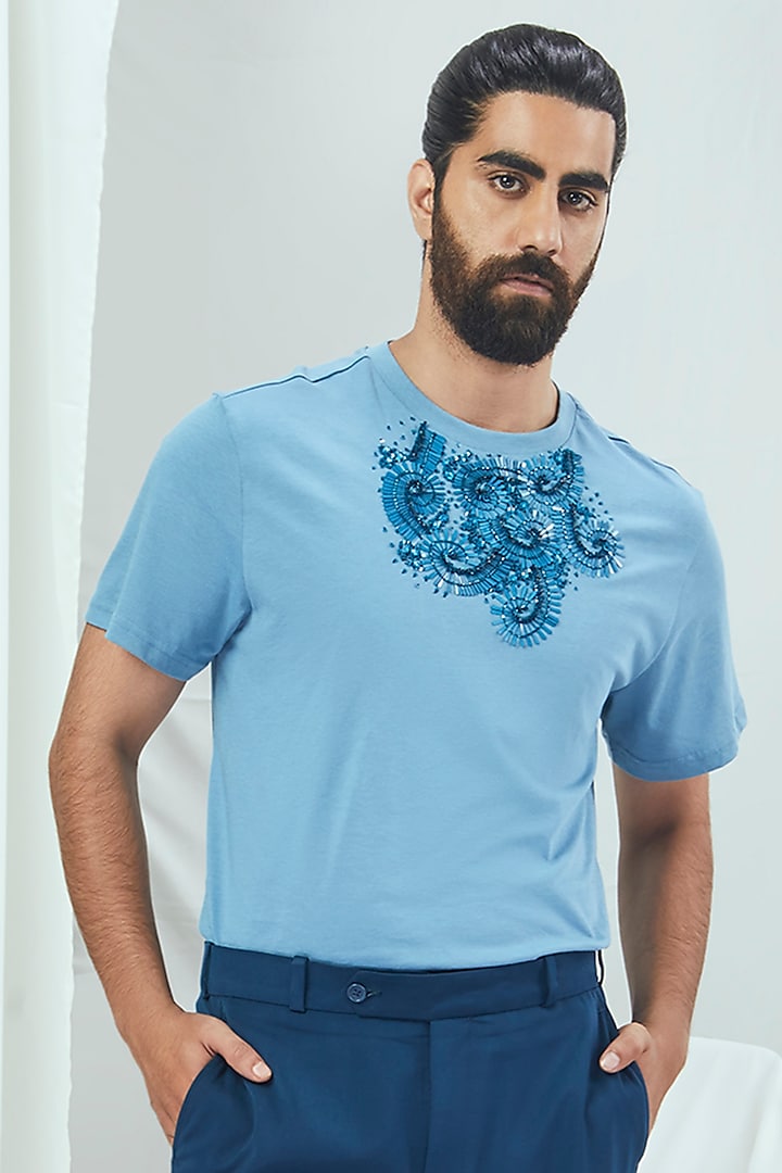 Jade Blue Jersey Embroidered T-Shirt by Nirmooha Men