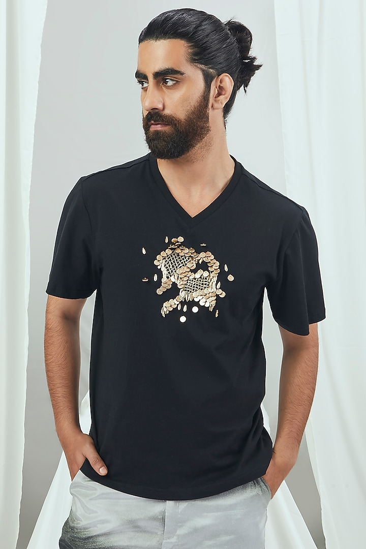 Carbon Black Jersey Embroidered T-Shirt by Nirmooha Men