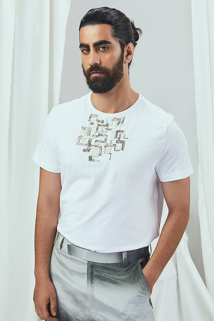 White Jersey Embroidered T-Shirt by Nirmooha Men