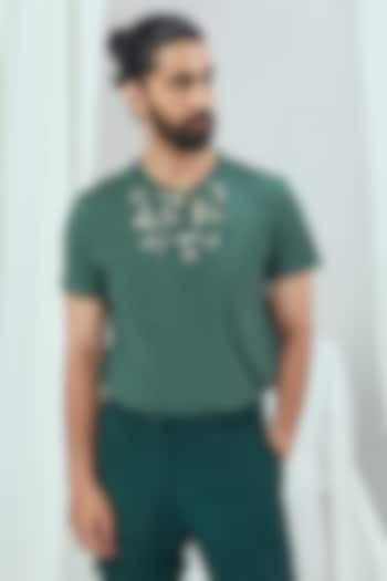 Emerald Green Jersey Embroidered T-Shirt by Nirmooha Men