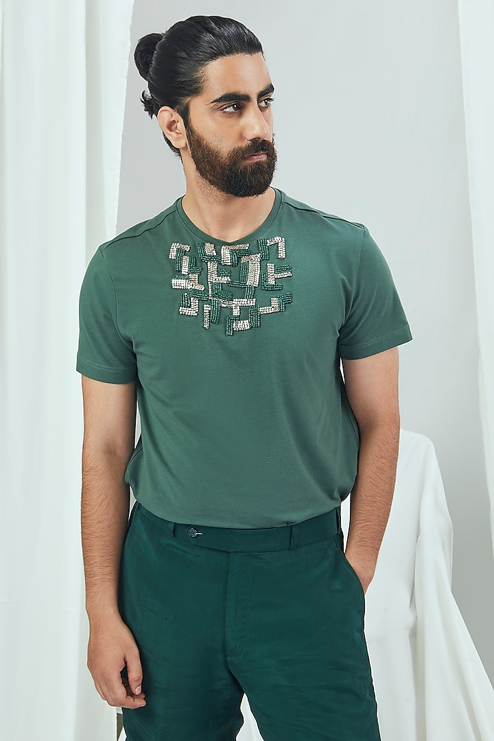 Emerald Green Jersey Embroidered T-Shirt by Nirmooha Men