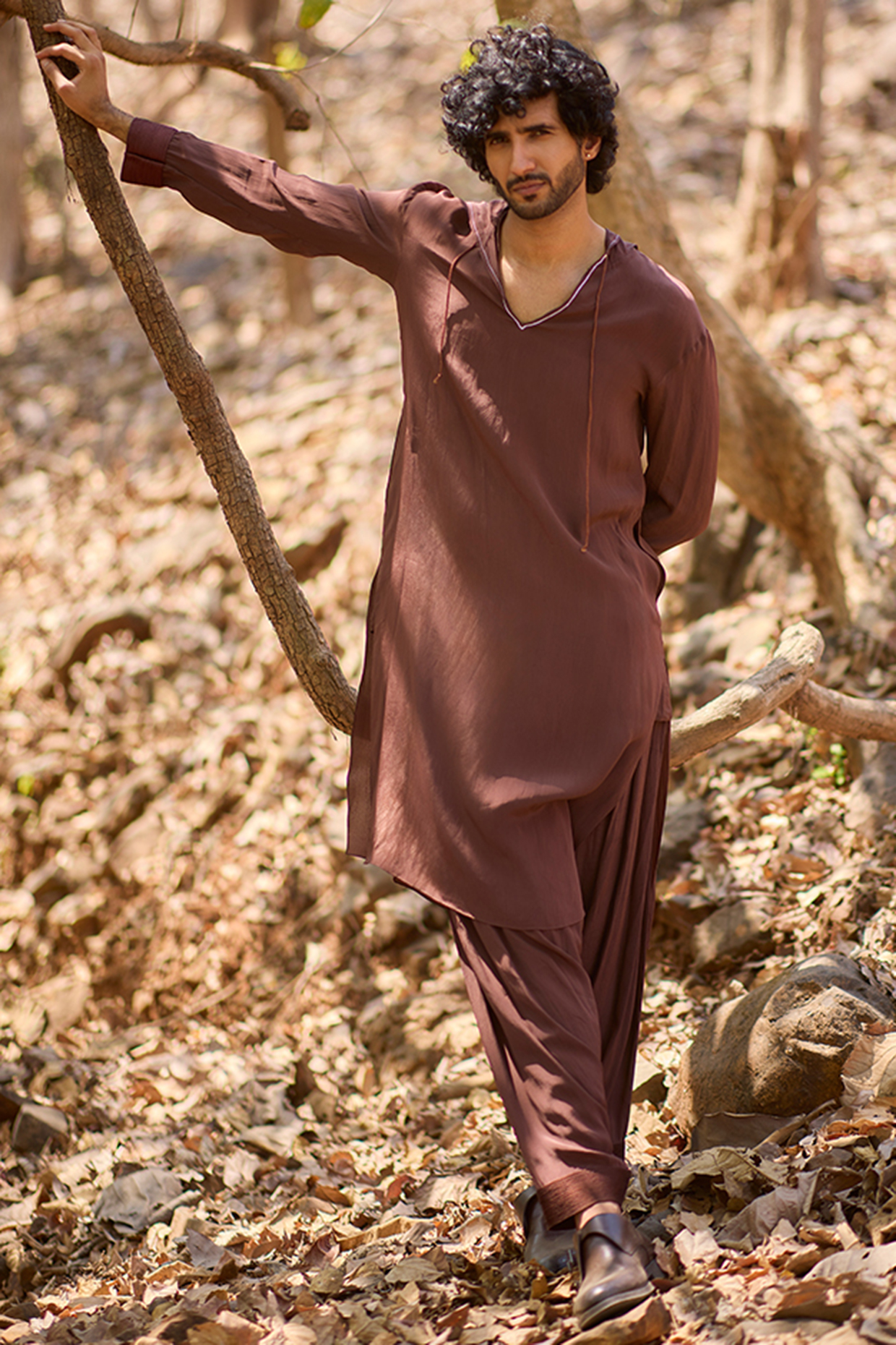 Brown Crepe Kurta Set by Nirmooha Men