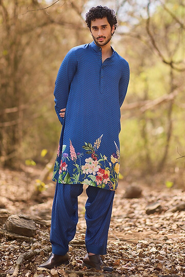 Blue Mul Floral Printed Kurta Set by Nirmooha Men at Pernia's Pop Up Shop