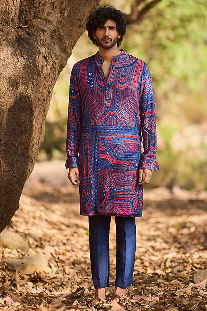 Multi-Colored Mul & Nokia Silk Printed Kurta Set by Nirmooha Men at Pernia's Pop Up Shop