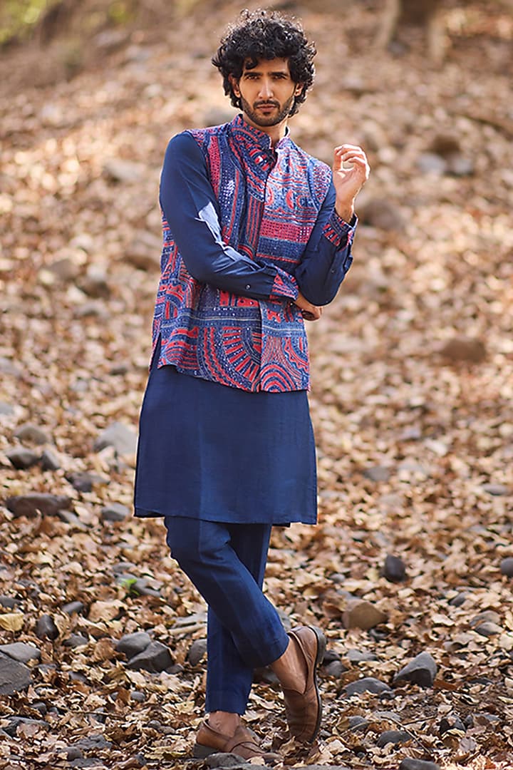 Multi-Colored Mul & Nokia Silk Printed Bundi Jacket Set by Nirmooha Men at Pernia's Pop Up Shop