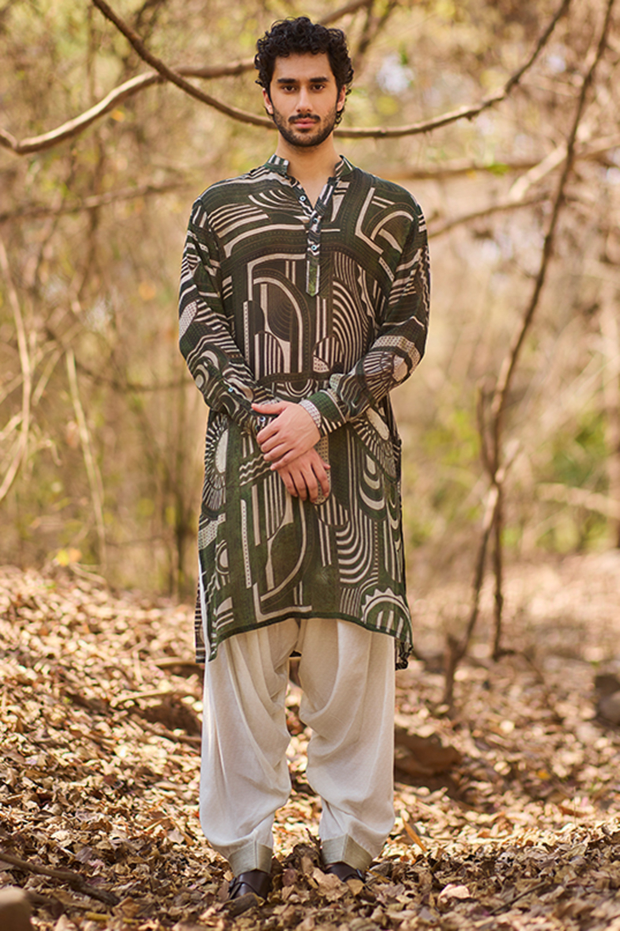 Deep Olive Chiffon & Mul Geometric Printed Kurta Set by Nirmooha Men