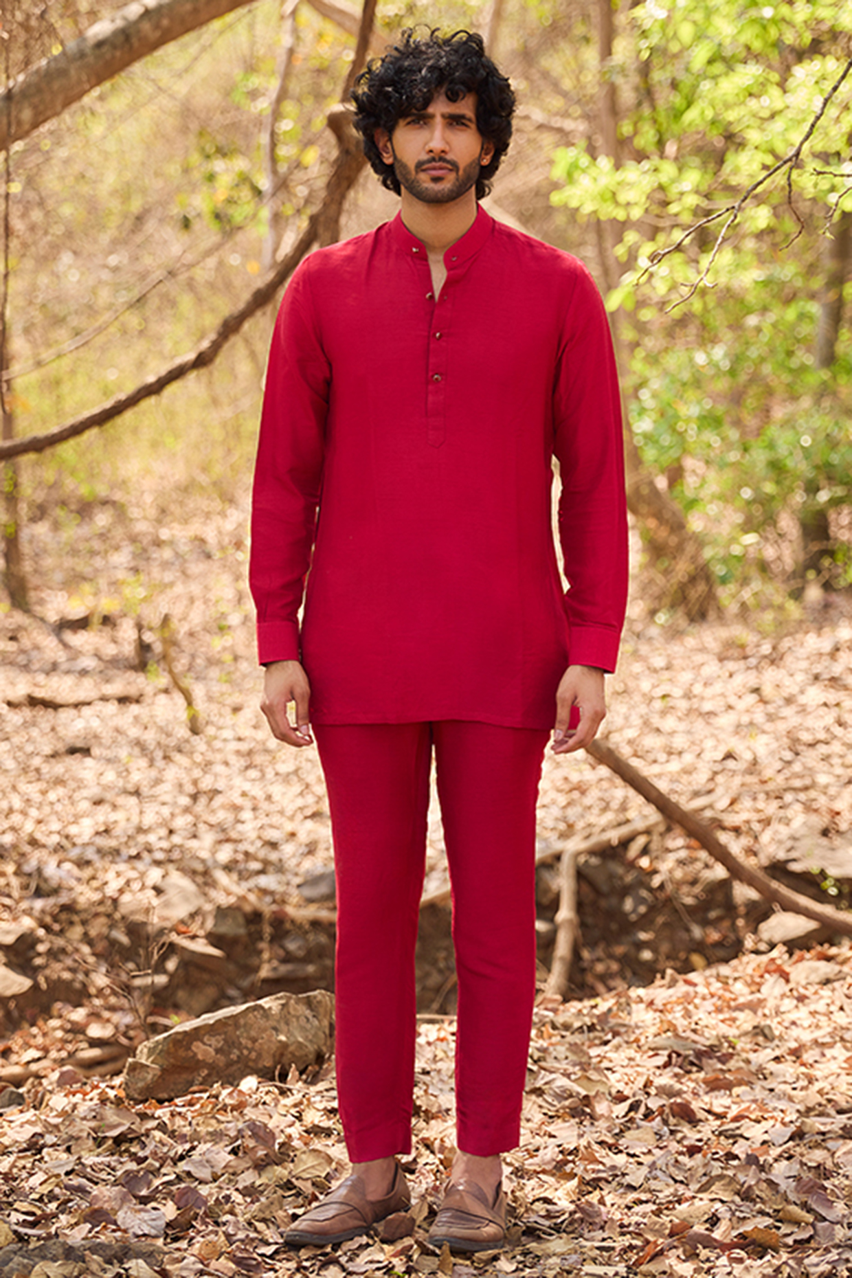 Deep Red Nokia Silk Short Kurta Set by Nirmooha Men