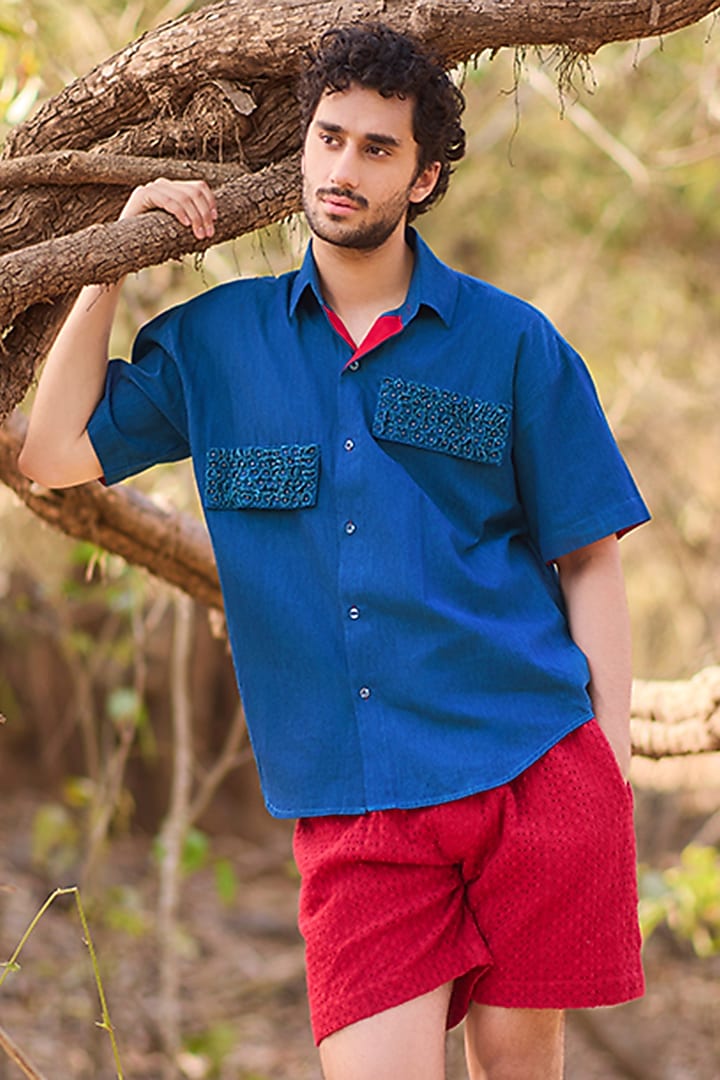 Blue Denim Embroidered Party Wear Shirt by Nirmooha Men at Pernia's Pop Up Shop