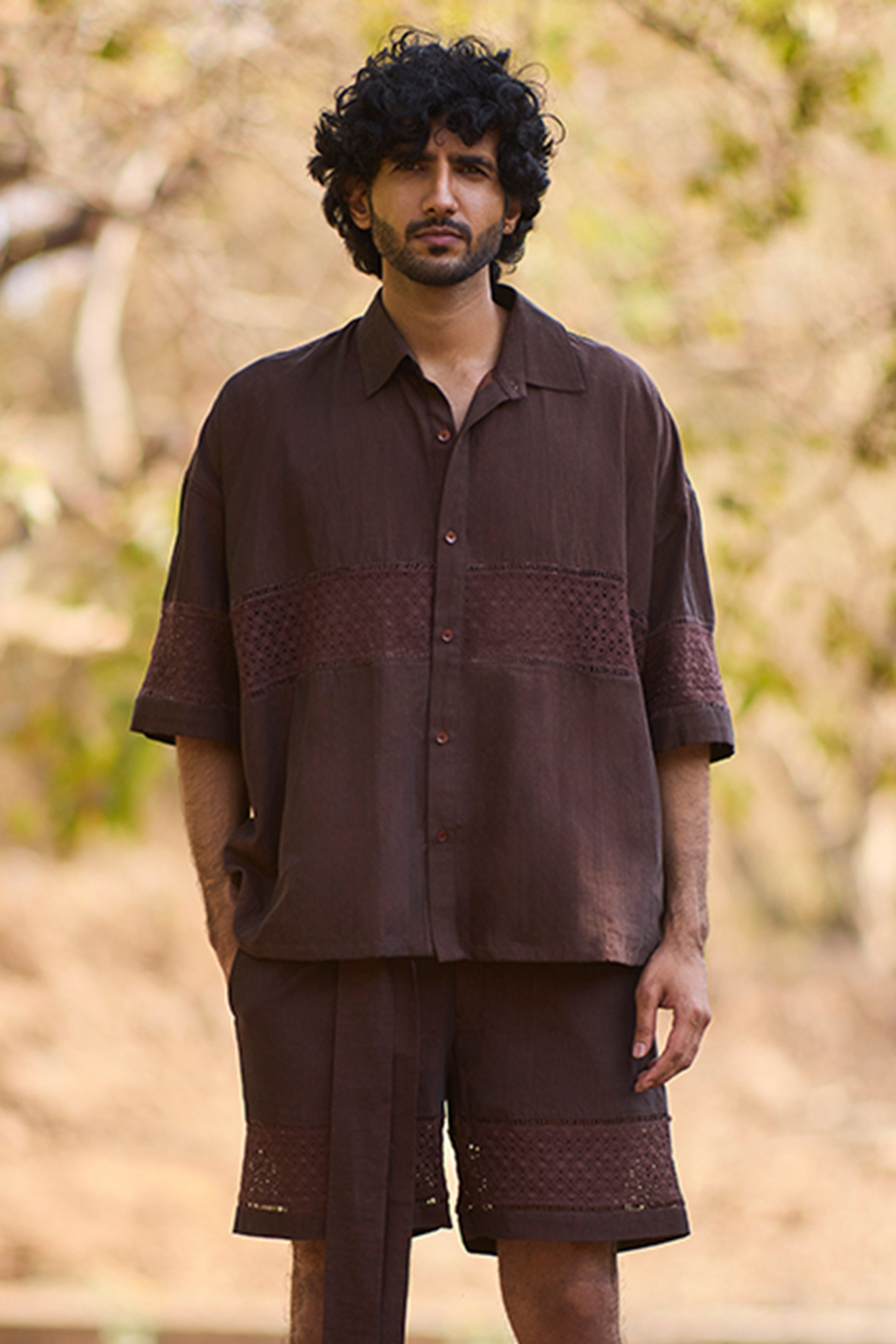 Brown Denim Weave Shirt by Nirmooha Men