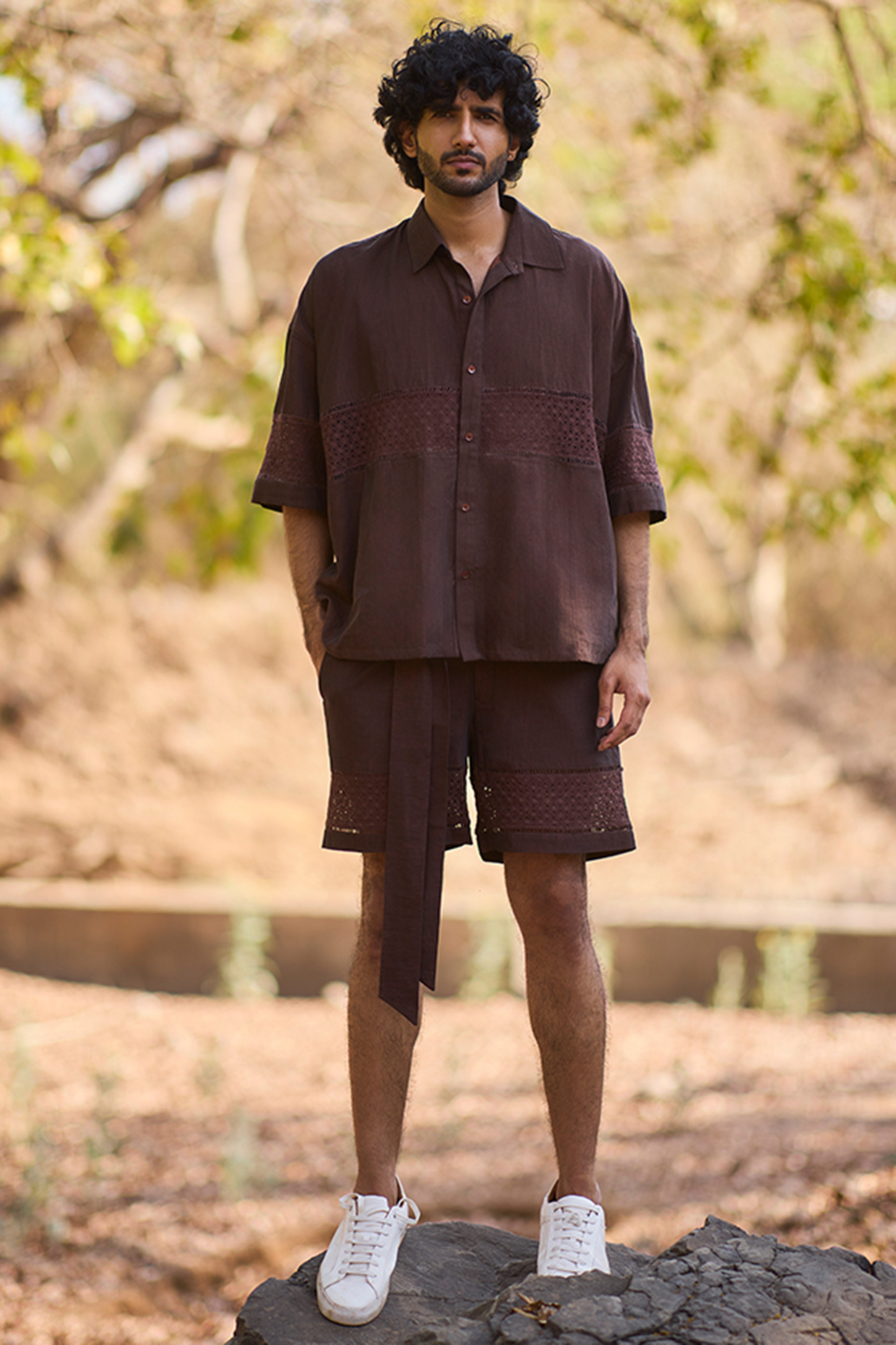 Brown Denim & Crochet Shorts by Nirmooha Men
