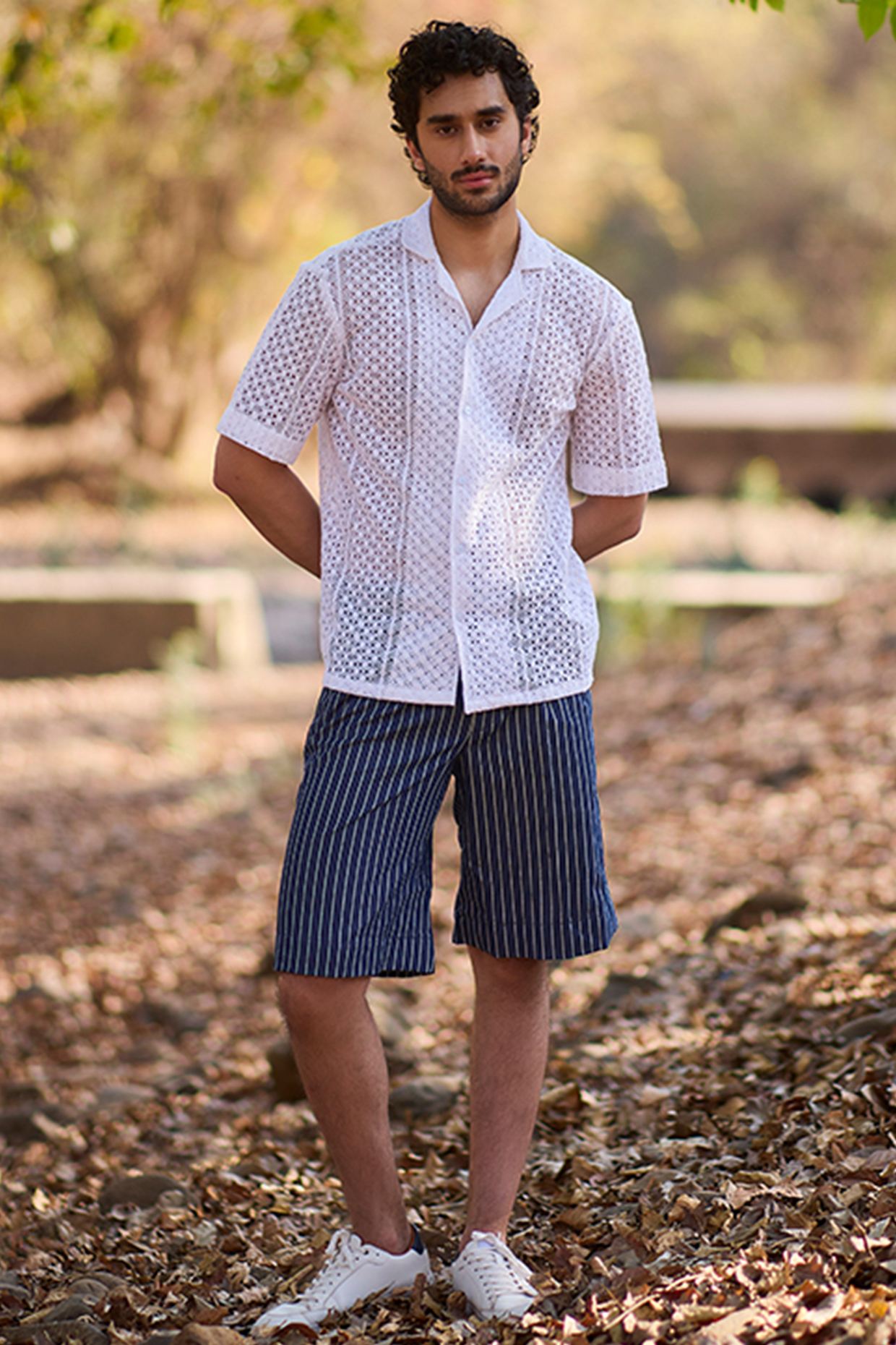Blue Denim Striped Shorts by Nirmooha Men