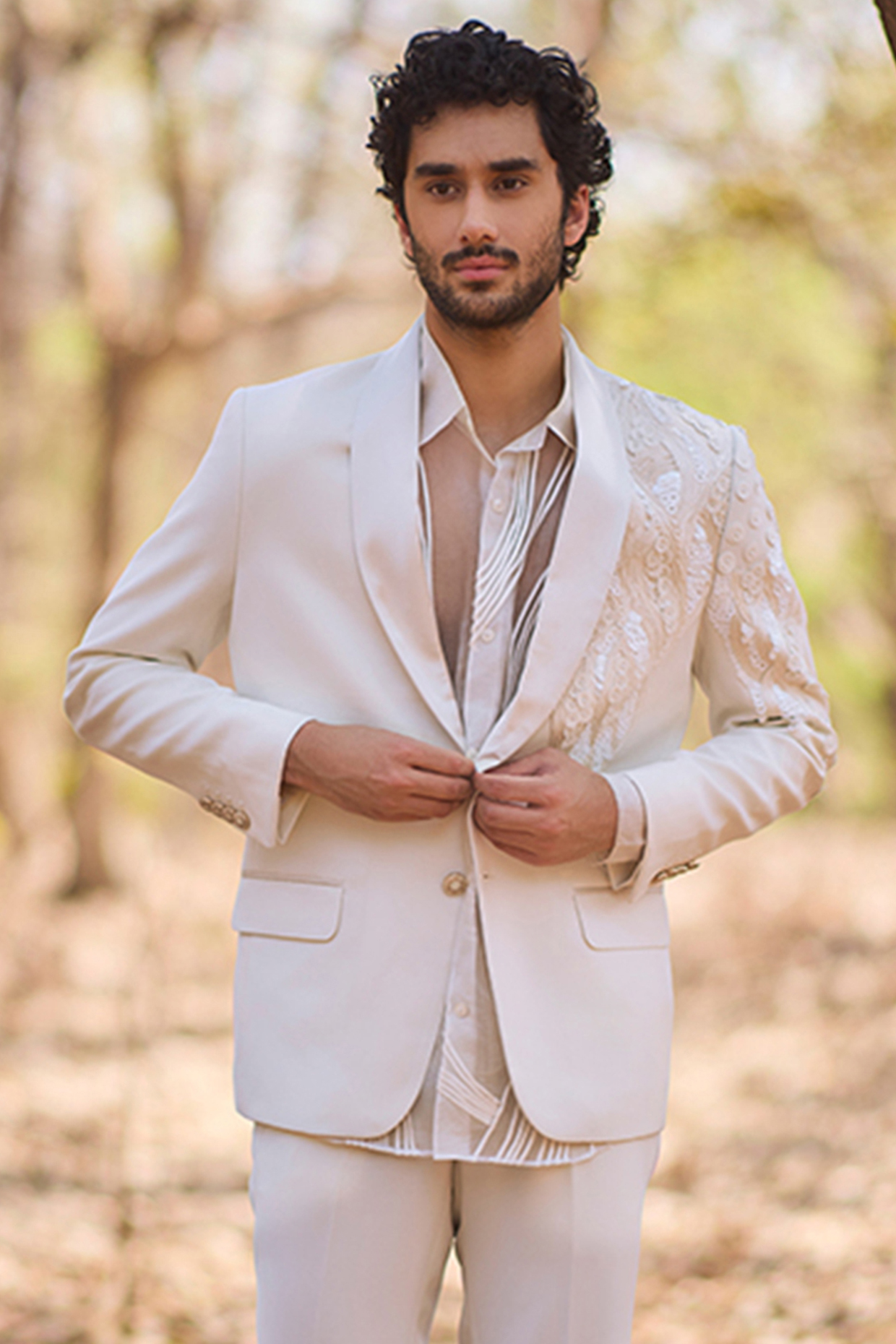 White Micro Fabric Hand Embroidered Blazer by Nirmooha Men