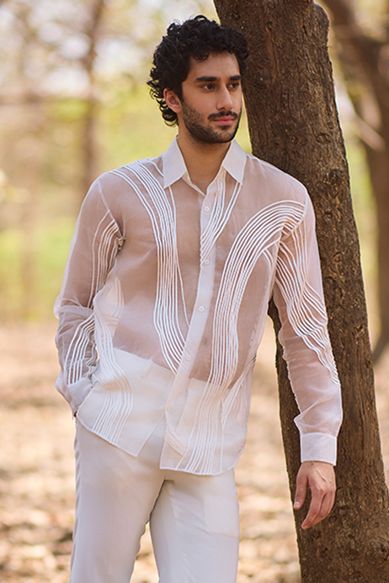 White Organza Sheer Shirt by Nirmooha Men
