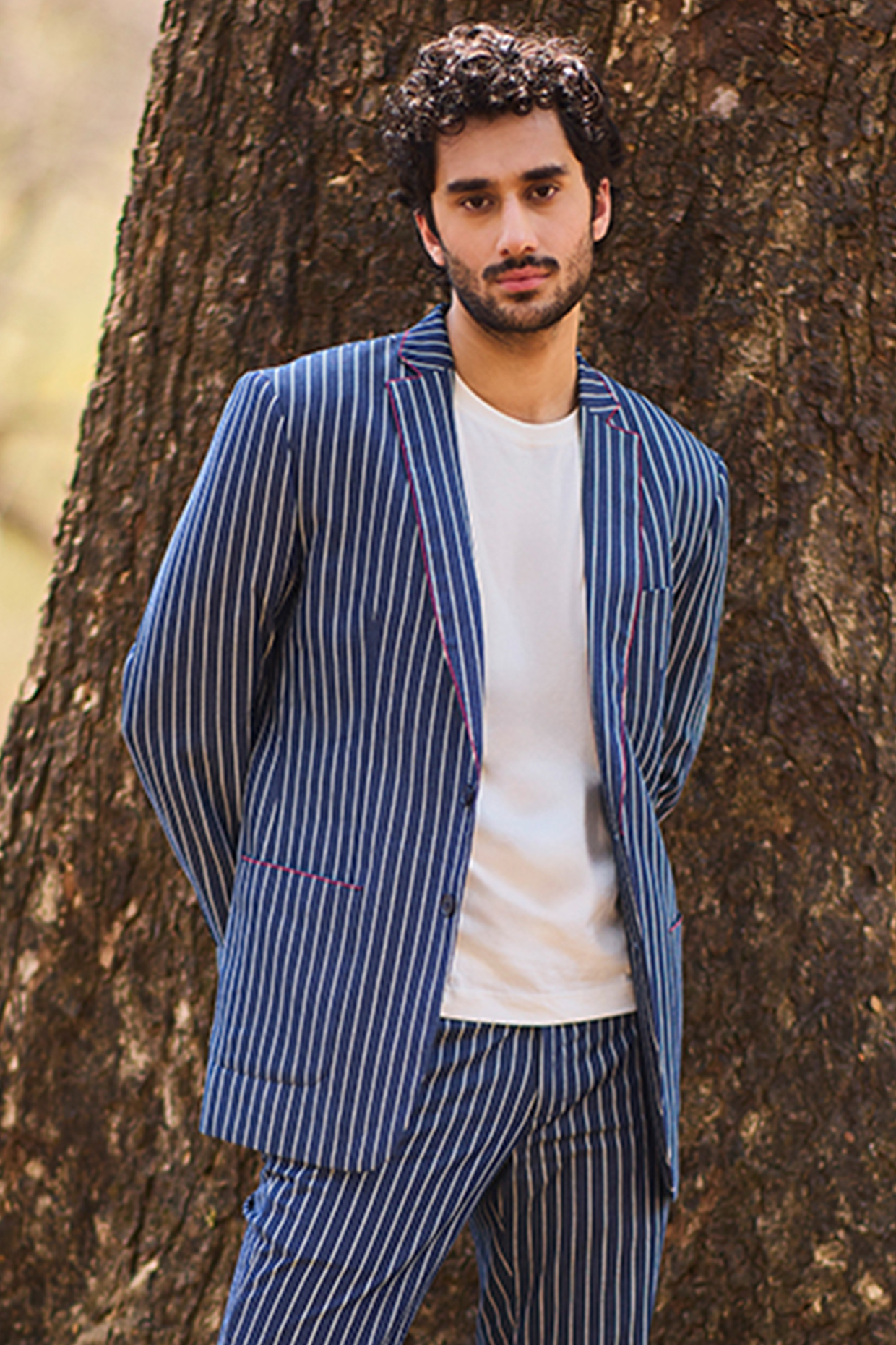 Blue Denim Striped Blazer by Nirmooha Men