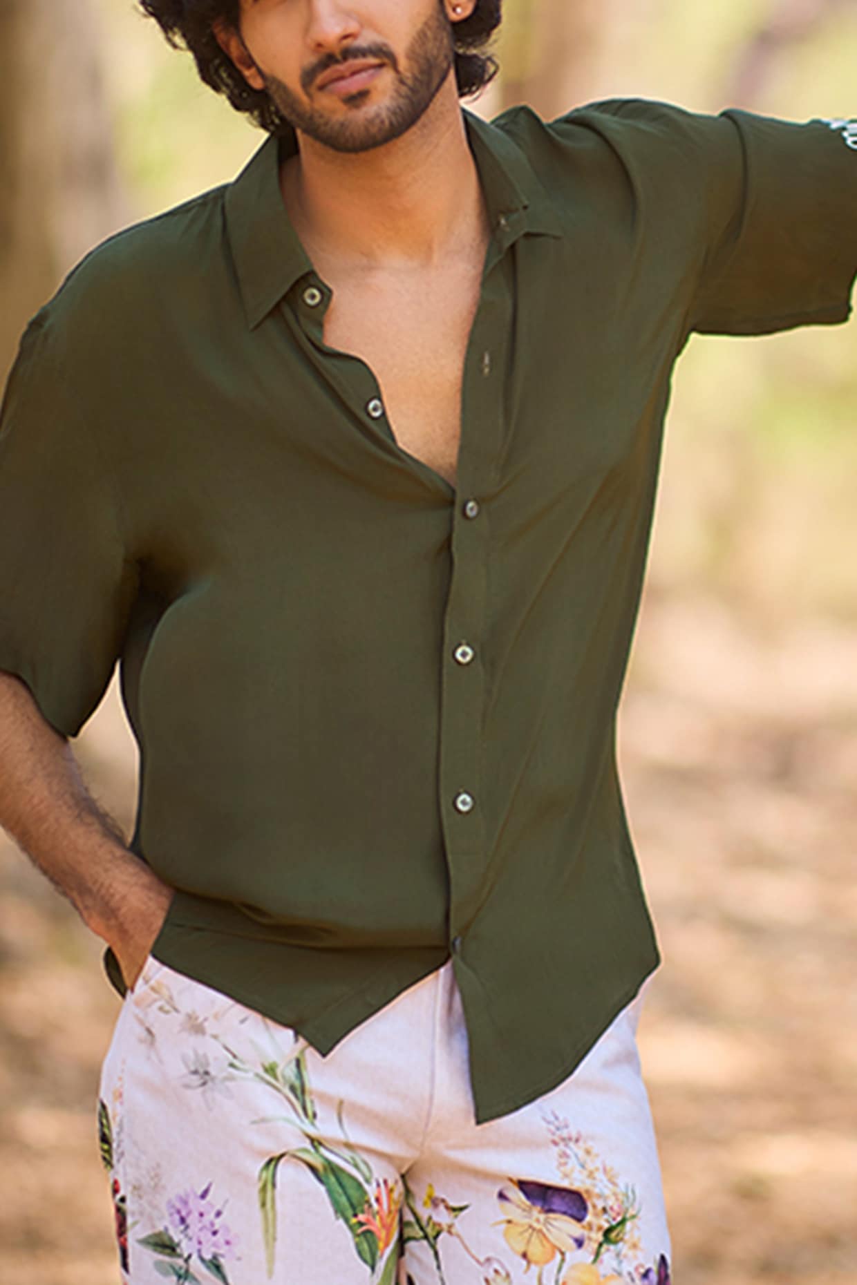 Deep Olive Green Mul Silk Party Wear Shirt by Nirmooha Men at