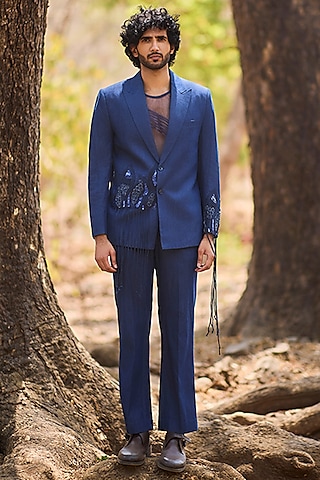 Blue Denim Straight-Leg Pants by Nirmooha Men