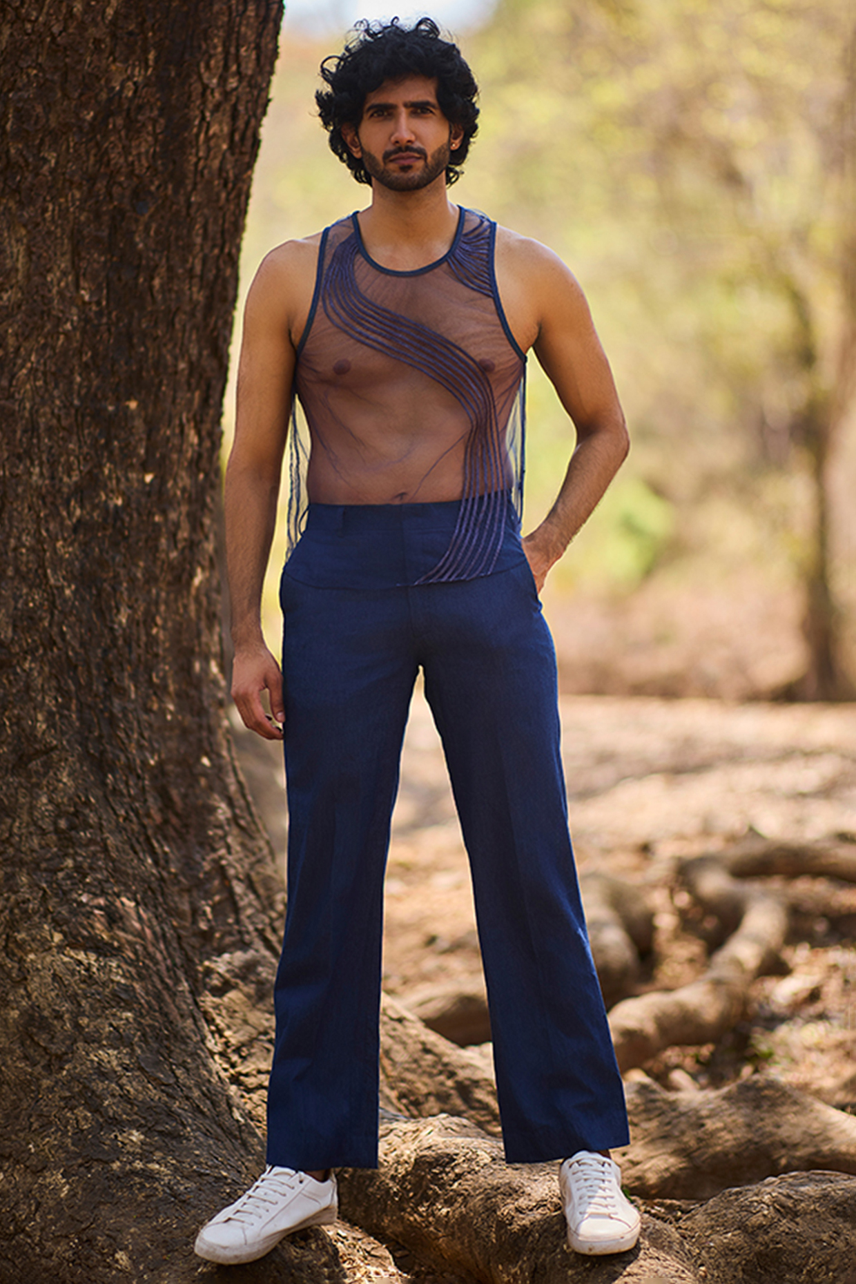 Blue Net & Denim Sheer Corded Tank Top by Nirmooha Men