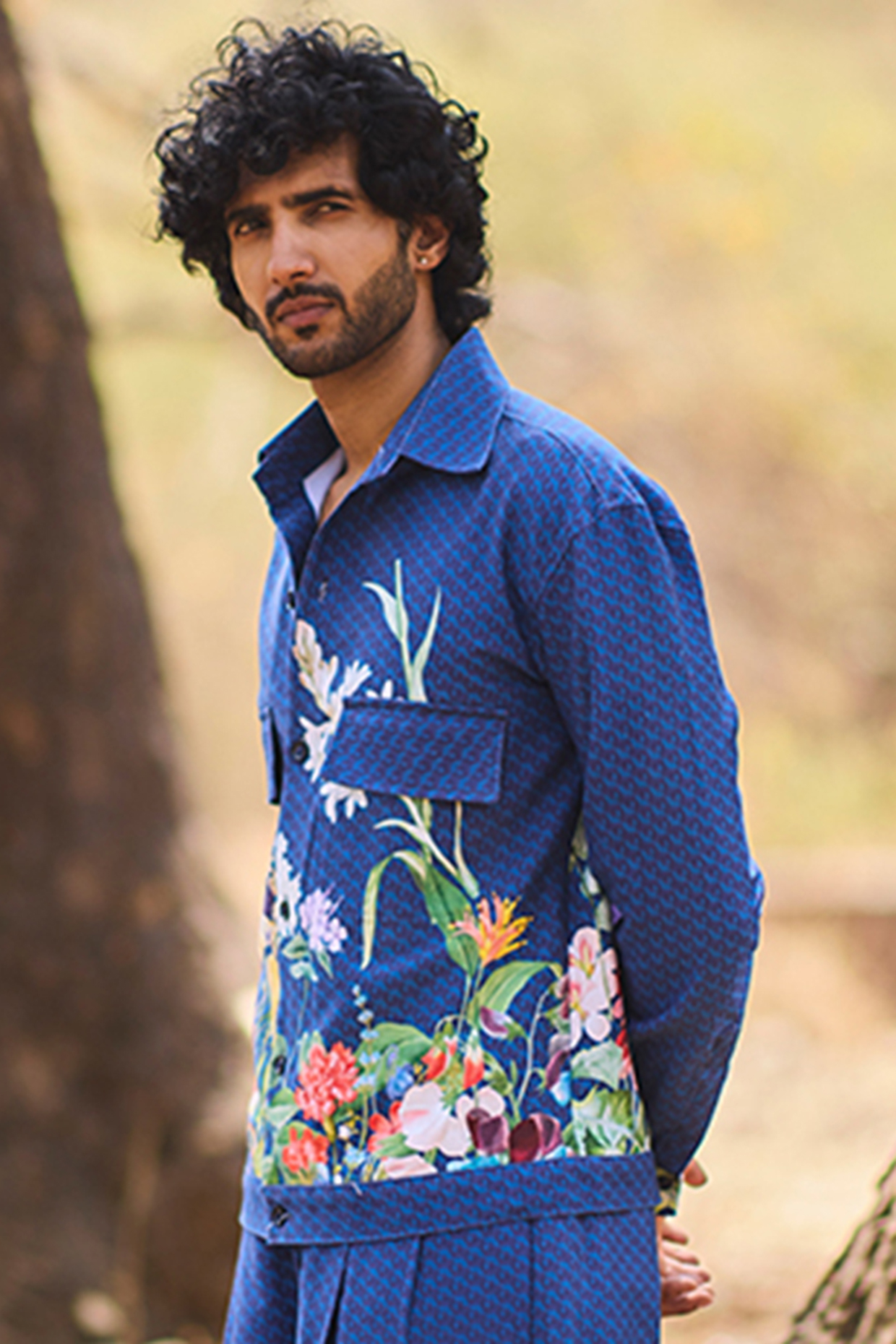 Blue Denim Floral Printed Shacket by Nirmooha Men