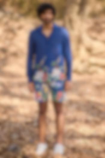 Blue Denim & Chinon Floral Printed Party Wear Shirt by Nirmooha Men at Pernia's Pop Up Shop