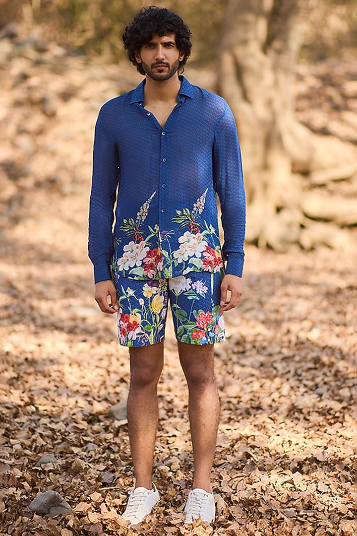 Blue Denim & Chinon Floral Printed Party Wear Shirt by Nirmooha Men at Pernia's Pop Up Shop