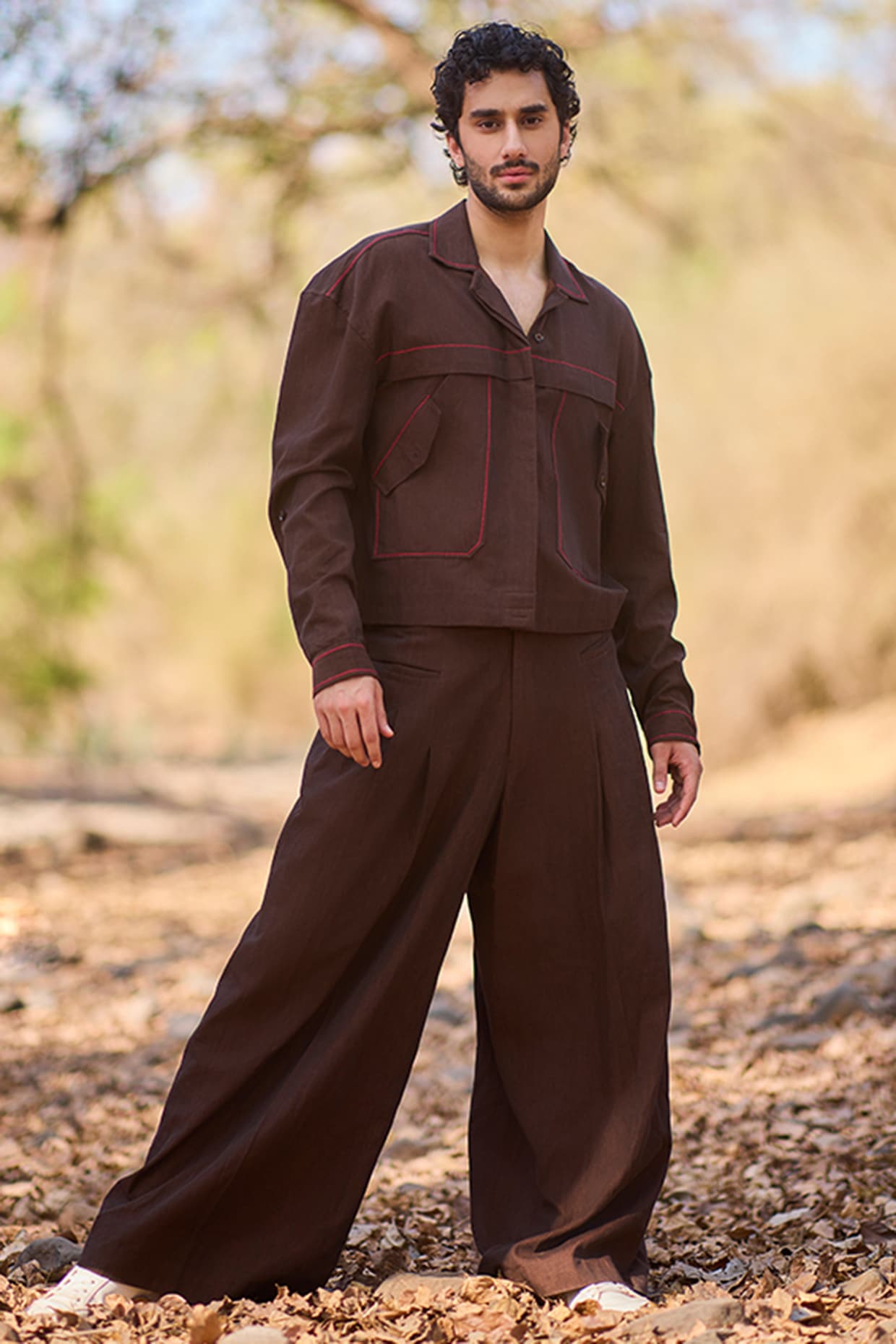 Brown Denim Floral Printed Wide-Leg Pants by Nirmooha Men at