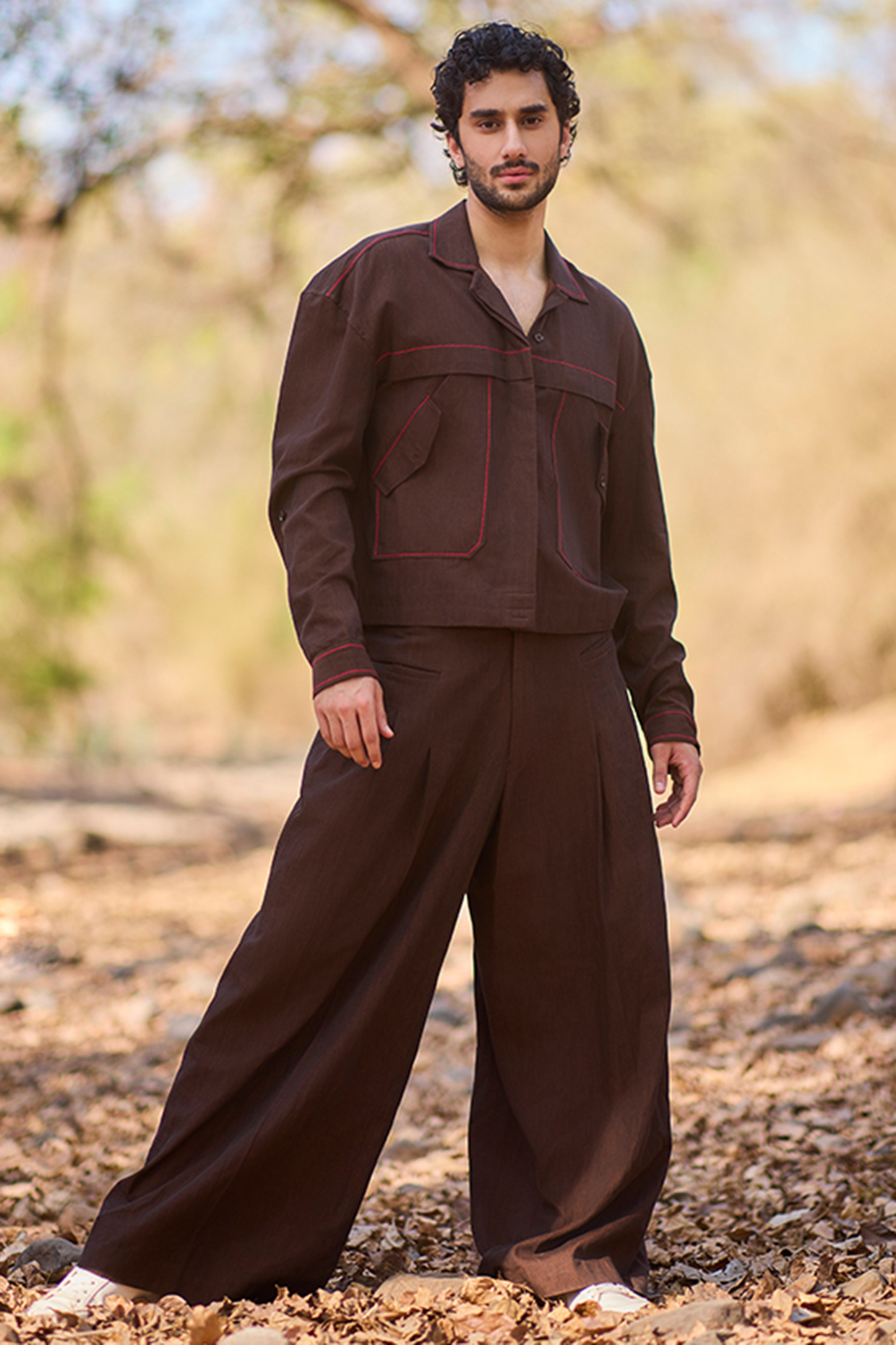 Brown Denim Floral Printed Wide-Leg Pants by Nirmooha Men