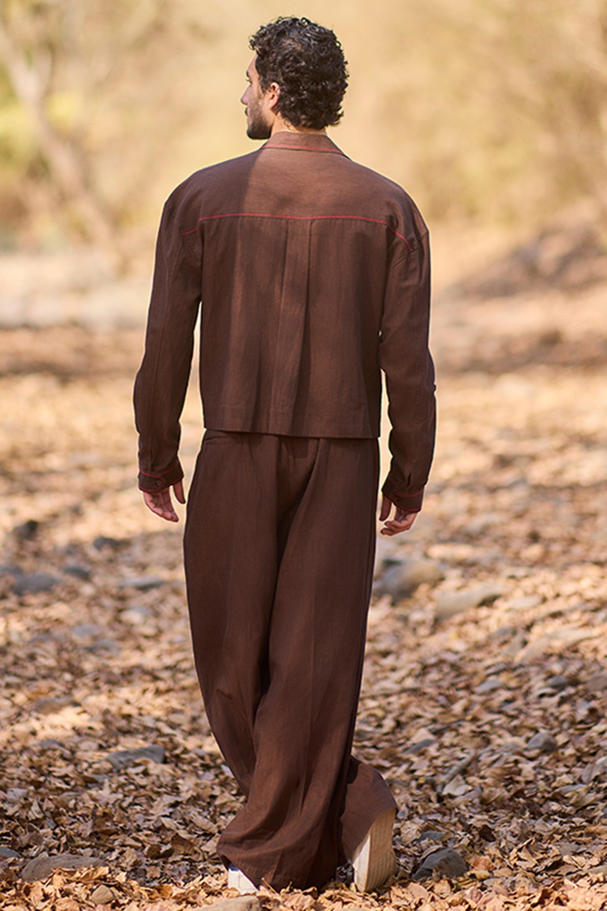 Brown Denim Floral Printed Wide-Leg Pants by Nirmooha Men at