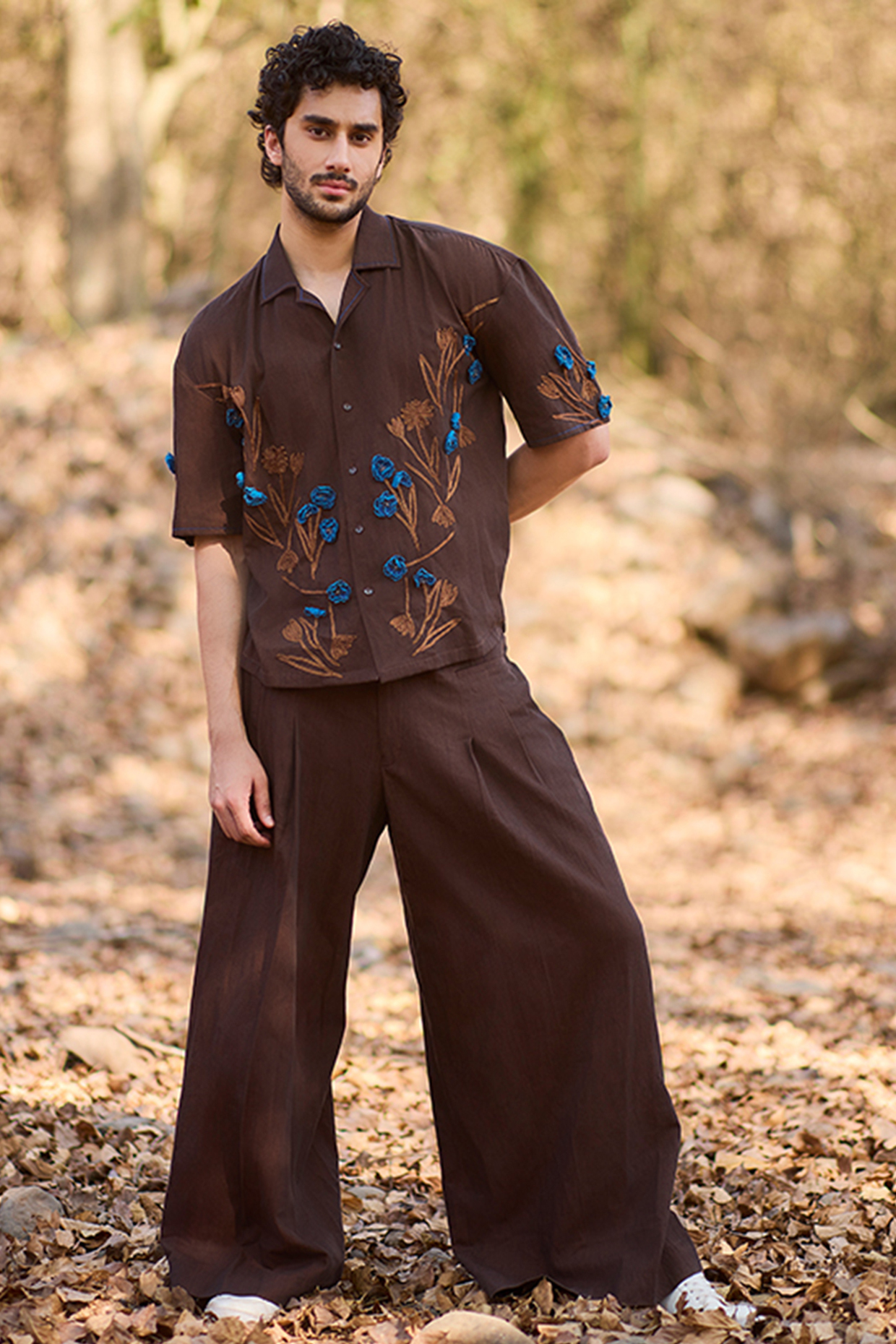Brown Denim Embroidered Shirt by Nirmooha Men