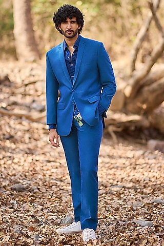Teal Blue Denim Blazer by Nirmooha Men
