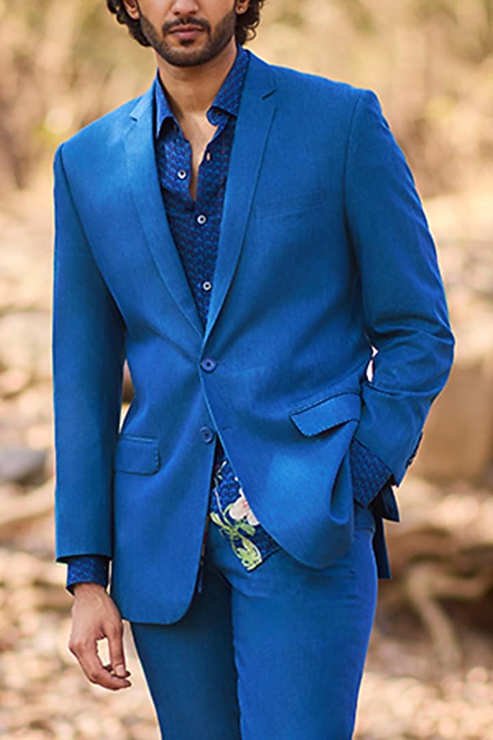Teal Blue Denim Blazer by Nirmooha Men at Pernia's Pop Up Shop