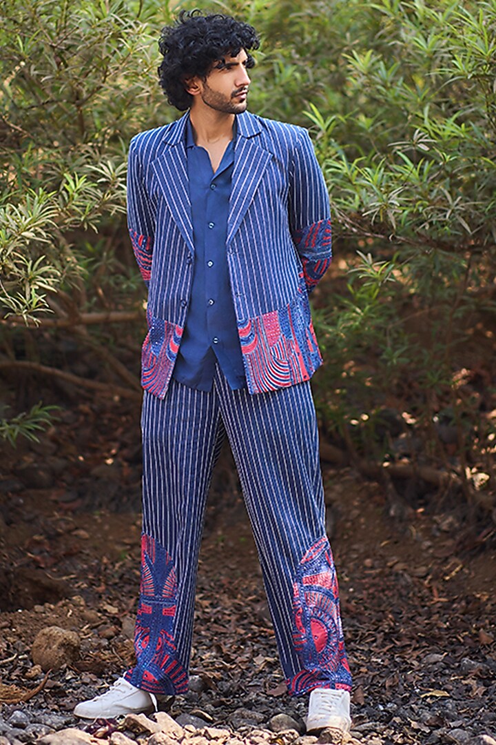 Blue Denim Hand Embroidered Striped Blazer by Nirmooha Men at Pernia's Pop Up Shop