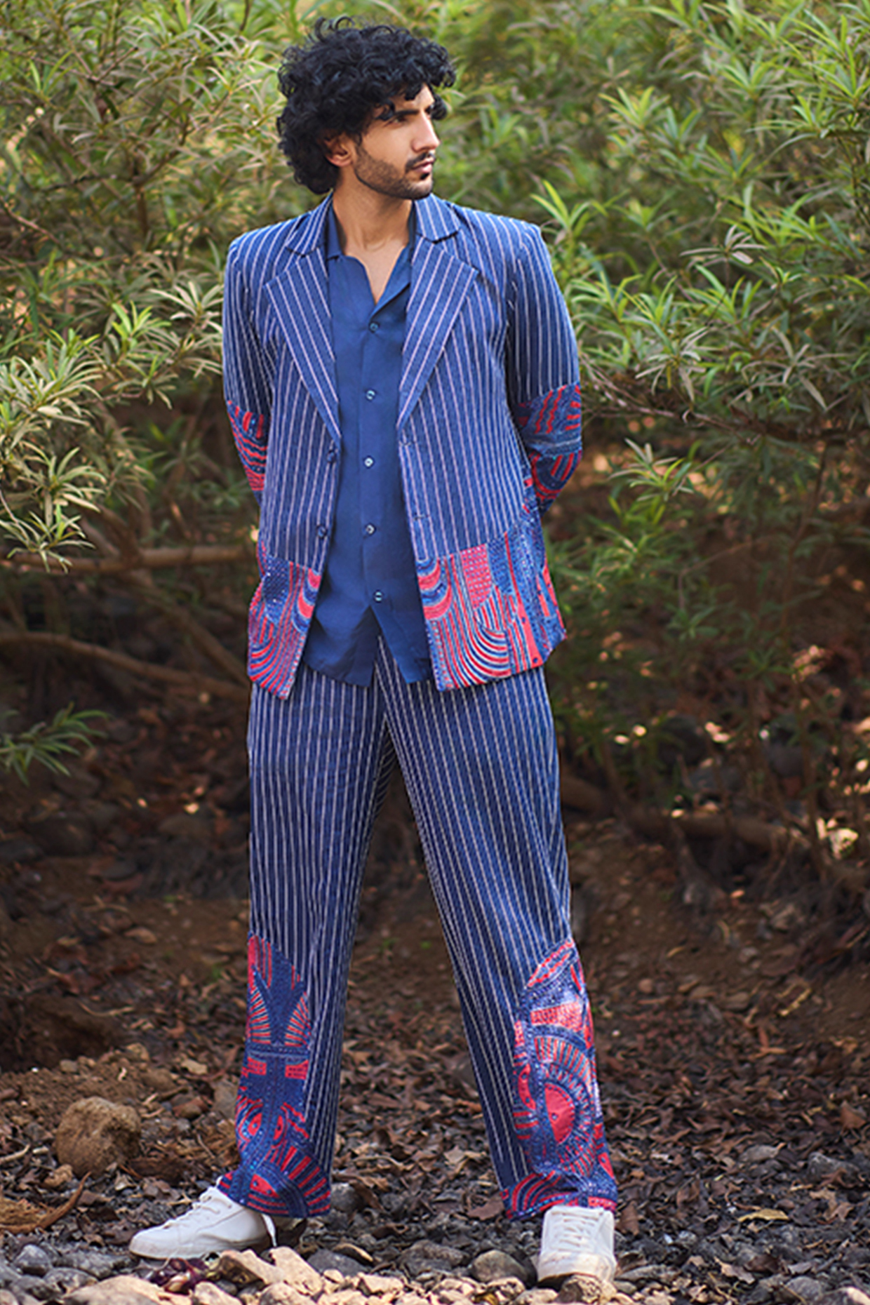 Blue Denim Hand Embroidered Wide-Leg Pants by Nirmooha Men