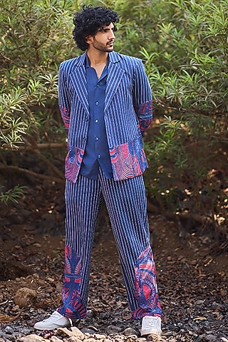 Blue Denim Hand Embroidered Wide-Leg Pants by Nirmooha Men