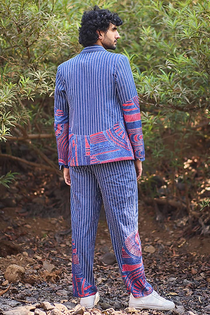 Blue Denim Hand Embroidered Wide-Leg Pants by Nirmooha Men at Pernia's Pop Up Shop