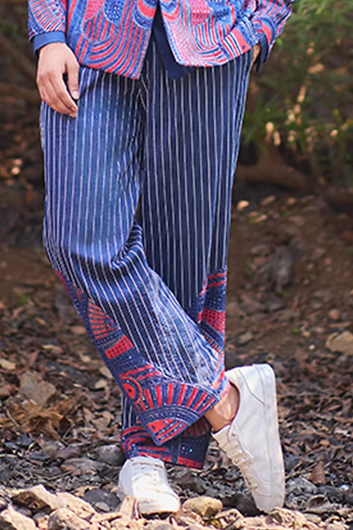 Blue Denim Hand Embroidered Wide-Leg Pants by Nirmooha Men at Pernia's Pop Up Shop
