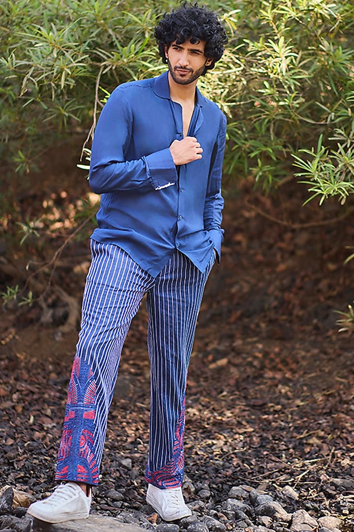 Indigo Blue Mul Party  start Shirt by Nirmooha Men at Pernia's Pop Up Shop