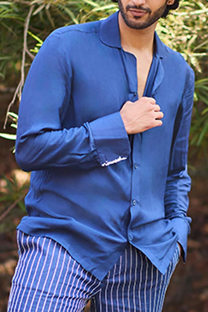 Indigo Blue Mul Party Wear Shirt by Nirmooha Men at Pernia's Pop Up Shop