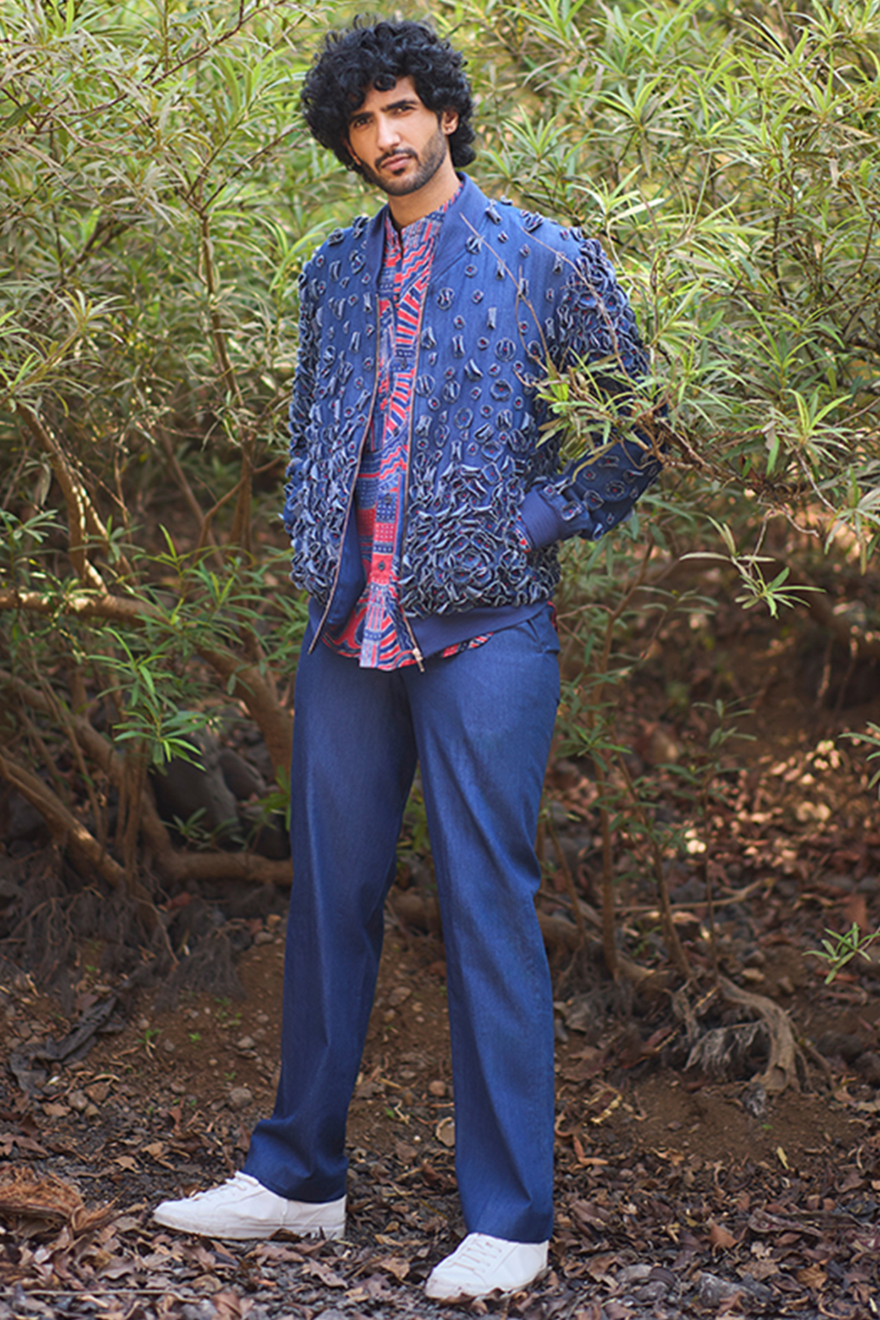 Blue Denim Handcrafted Bomber Jacket by Nirmooha Men