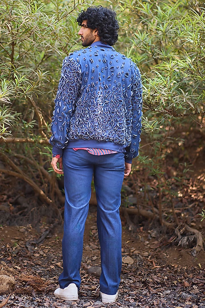 Blue Denim Handcrafted Bomber Jacket by Nirmooha Men at Pernia's Pop Up Shop