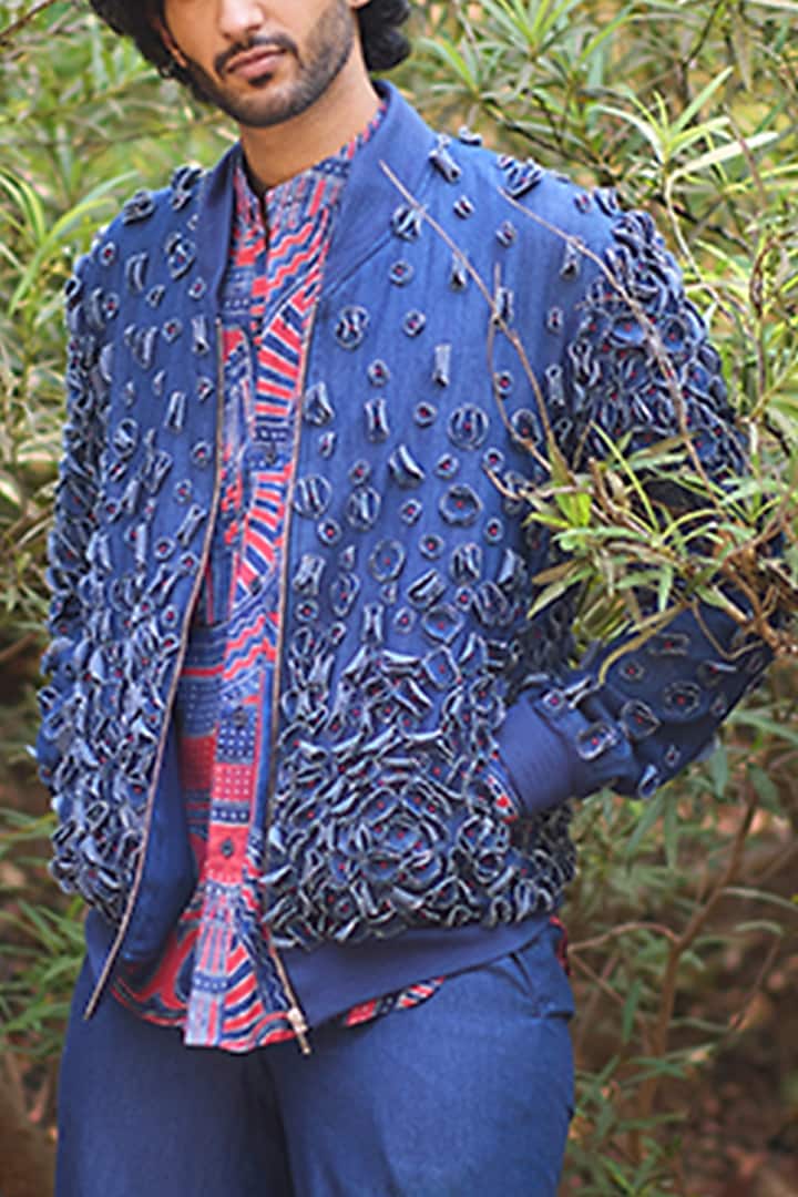 Blue Denim Handcrafted Bomber Jacket by Nirmooha Men at Pernia's Pop Up Shop