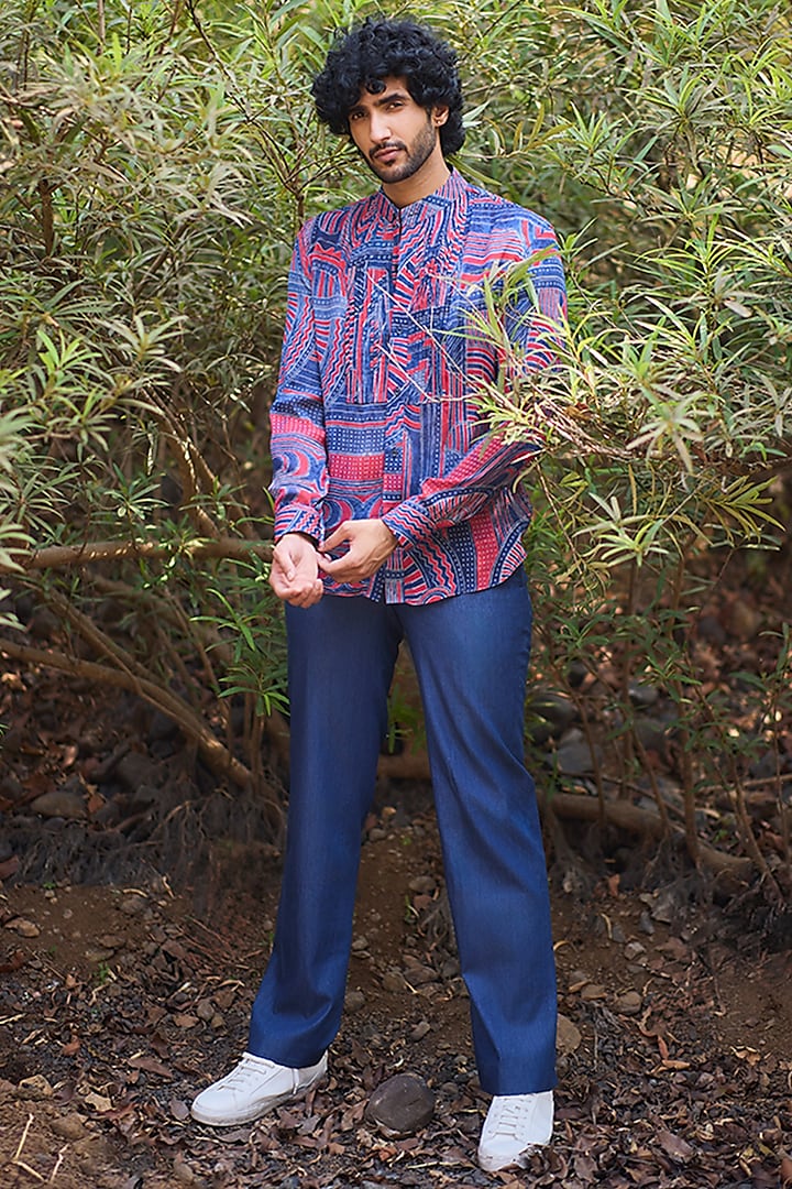Multi-Colored Chinon Geometric Printed Pleated Shirt by Nirmooha Men