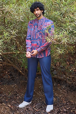 Multi-Colored Chinon Geometric Printed Pleated Shirt by Nirmooha Men