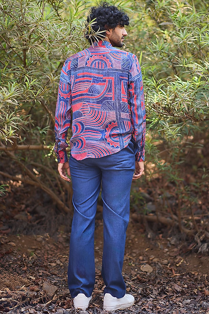 Multi-Colored Chinon Geometric Printed Pleated Party Wear Shirt by Nirmooha Men at Pernia's Pop Up Shop
