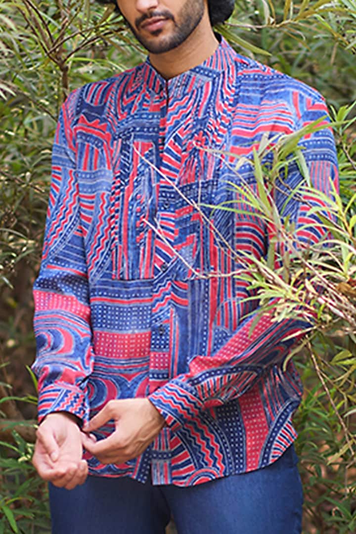 Multi-Colored Chinon Geometric Printed Pleated Party Wear Shirt by Nirmooha Men at Pernia's Pop Up Shop