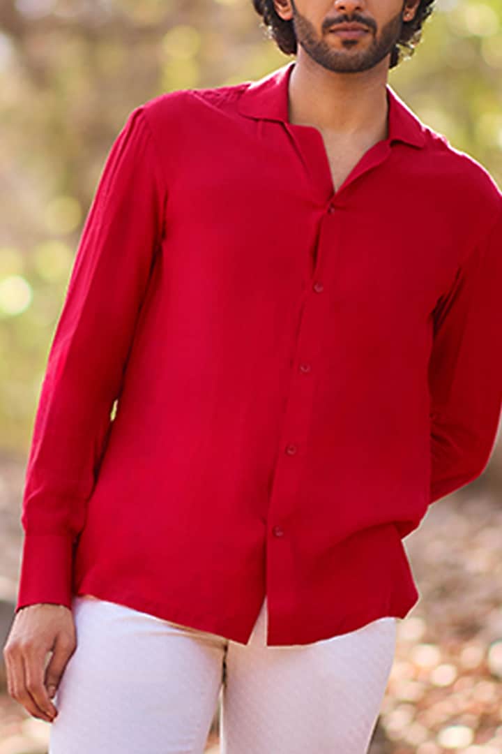 Fiery Red Mul Silk Party Wear Shirt by Nirmooha Men at Pernia's Pop Up Shop