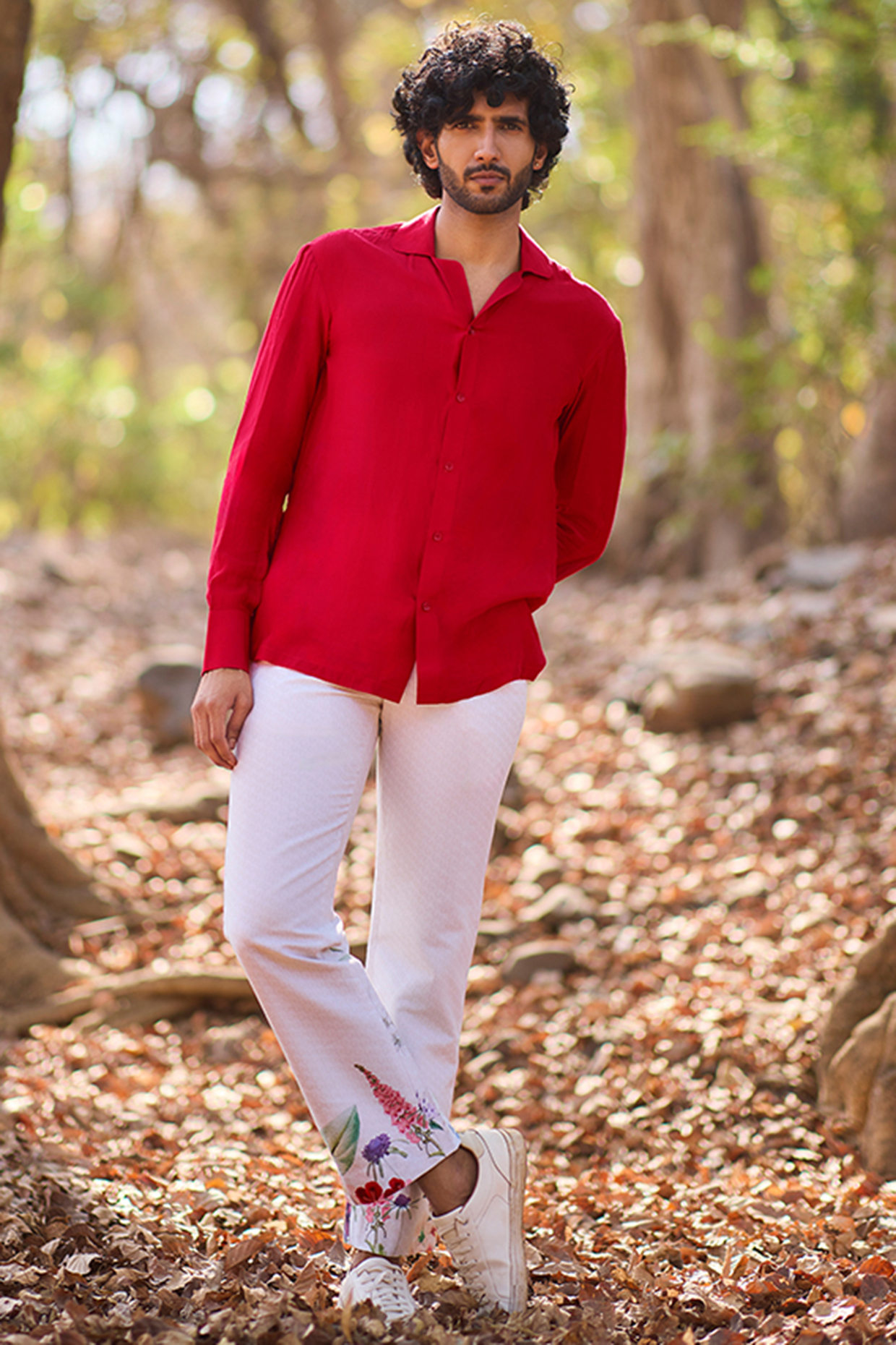 Ivory Denim Floral Printed Straight-Leg Pants by Nirmooha Men