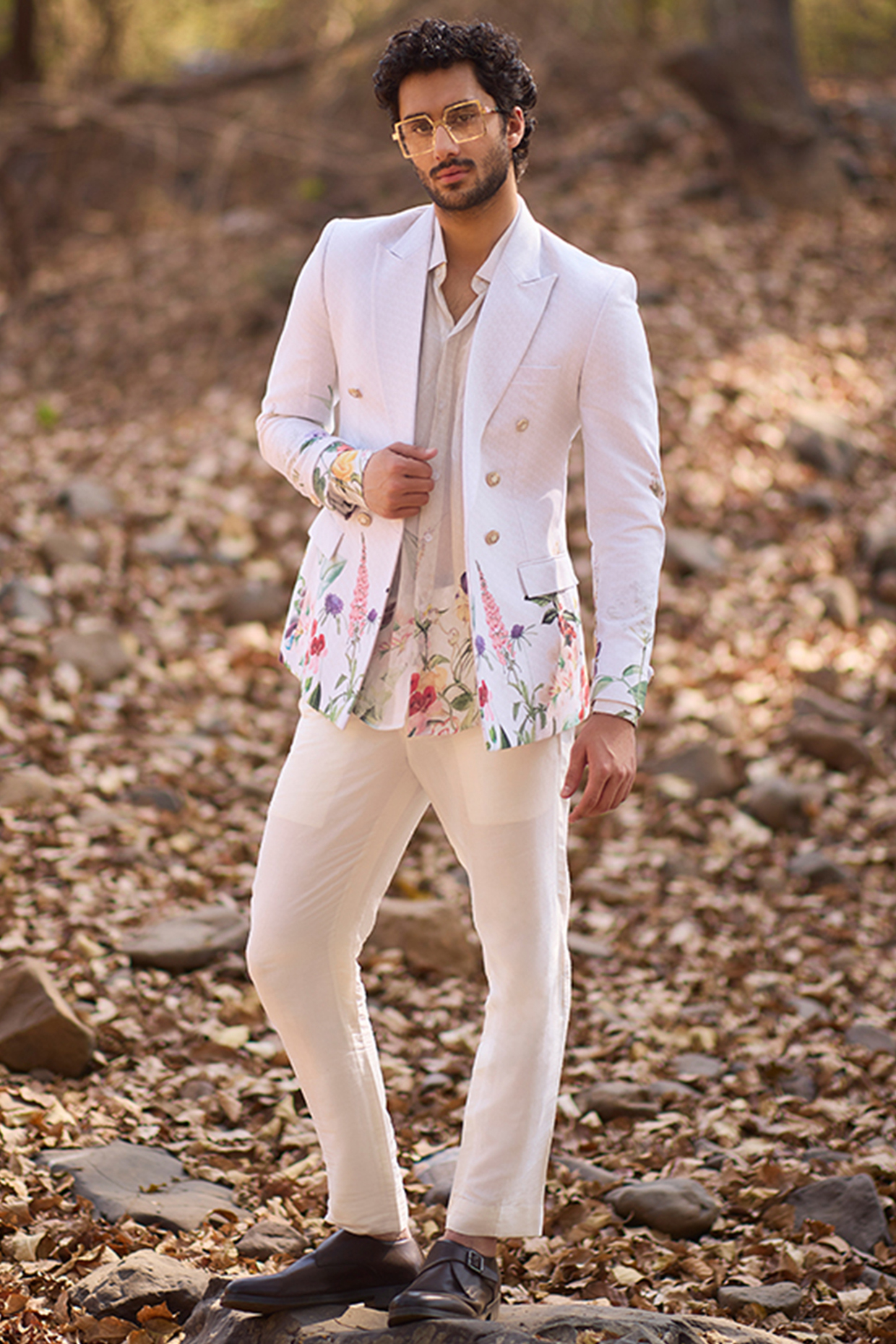 White Denim Floral Printed Double-Breasted Blazer by Nirmooha Men